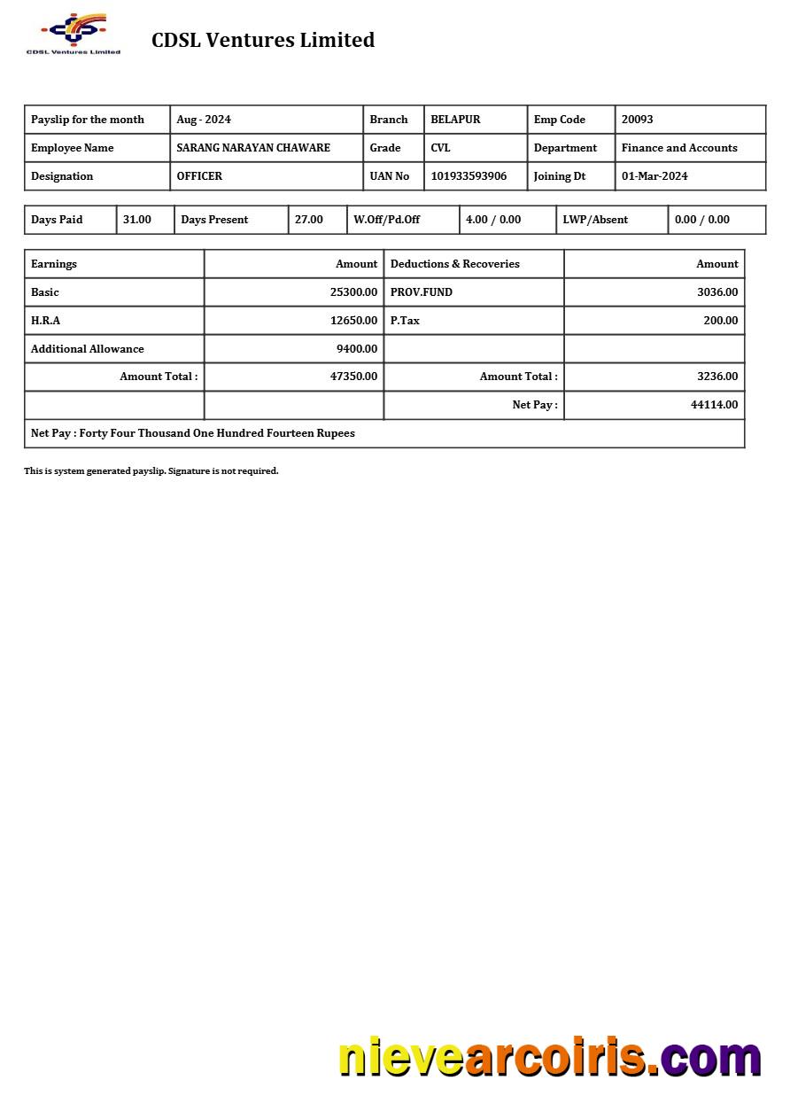 CDSL Ventures Limited payslip